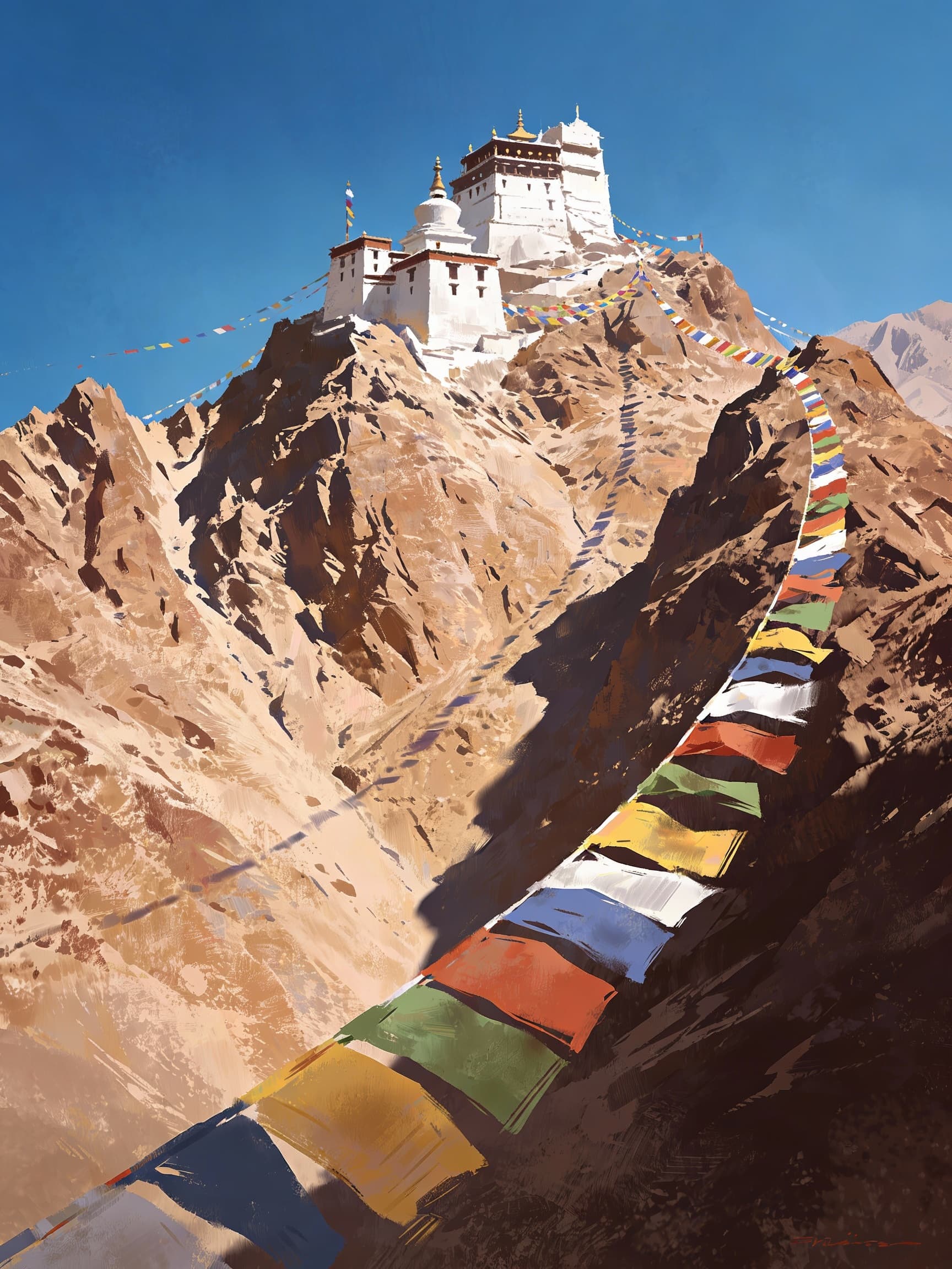 Monastery and prayer flags, Ladakh